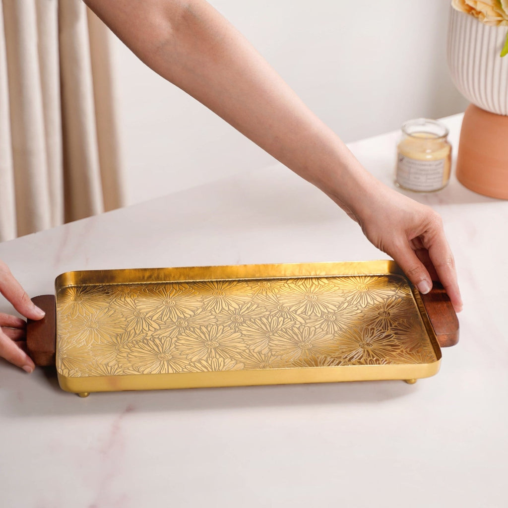 Large Daisy Embossed Metal Tray With Mango Wood Handles Nestasia