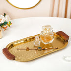 Geometric Embossed Oval Metal Tray With Wooden Handles Nestasia