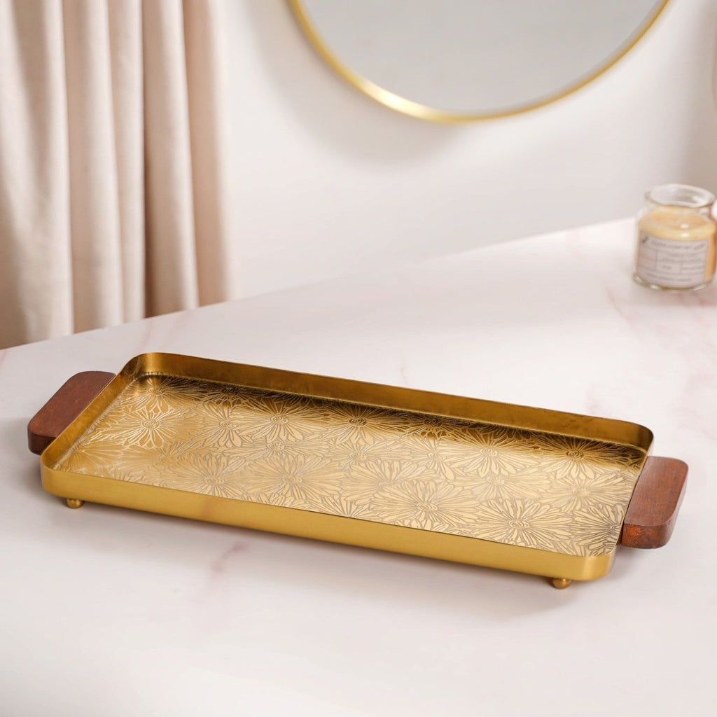 Large Daisy Embossed Metal Tray With Mango Wood Handles Nestasia