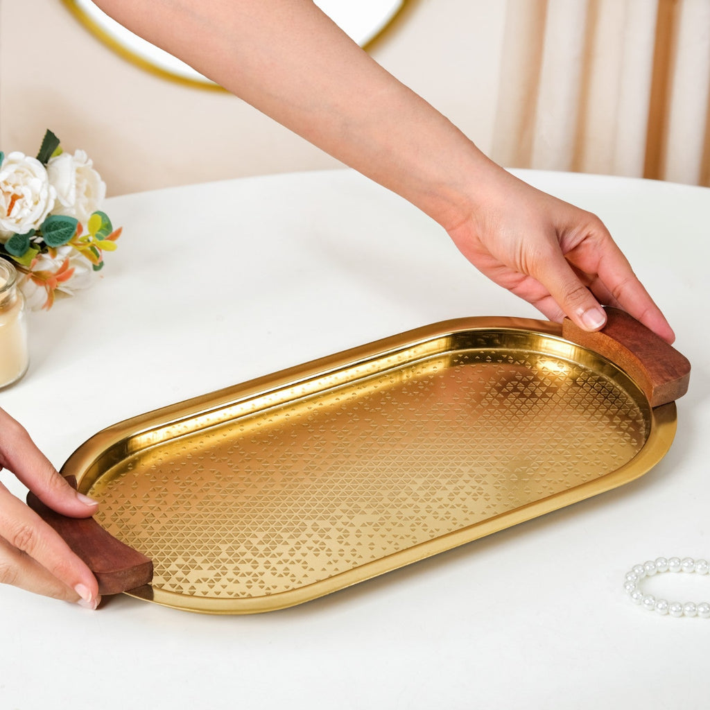 Geometric Embossed Oval Metal Tray With Wooden Handles Nestasia