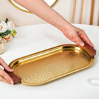 Geometric Embossed Oval Metal Tray With Wooden Handles Nestasia