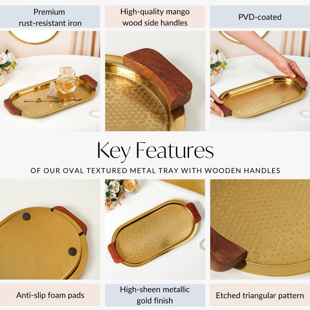 Geometric Embossed Oval Metal Tray With Wooden Handles Nestasia