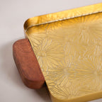 Large Daisy Embossed Metal Tray With Mango Wood Handles Nestasia