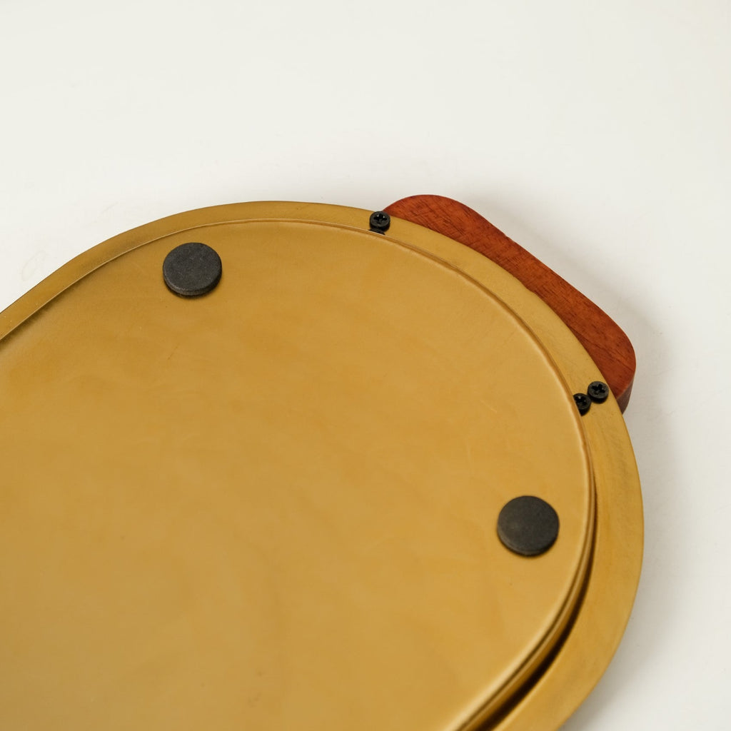 Geometric Embossed Oval Metal Tray With Wooden Handles Nestasia