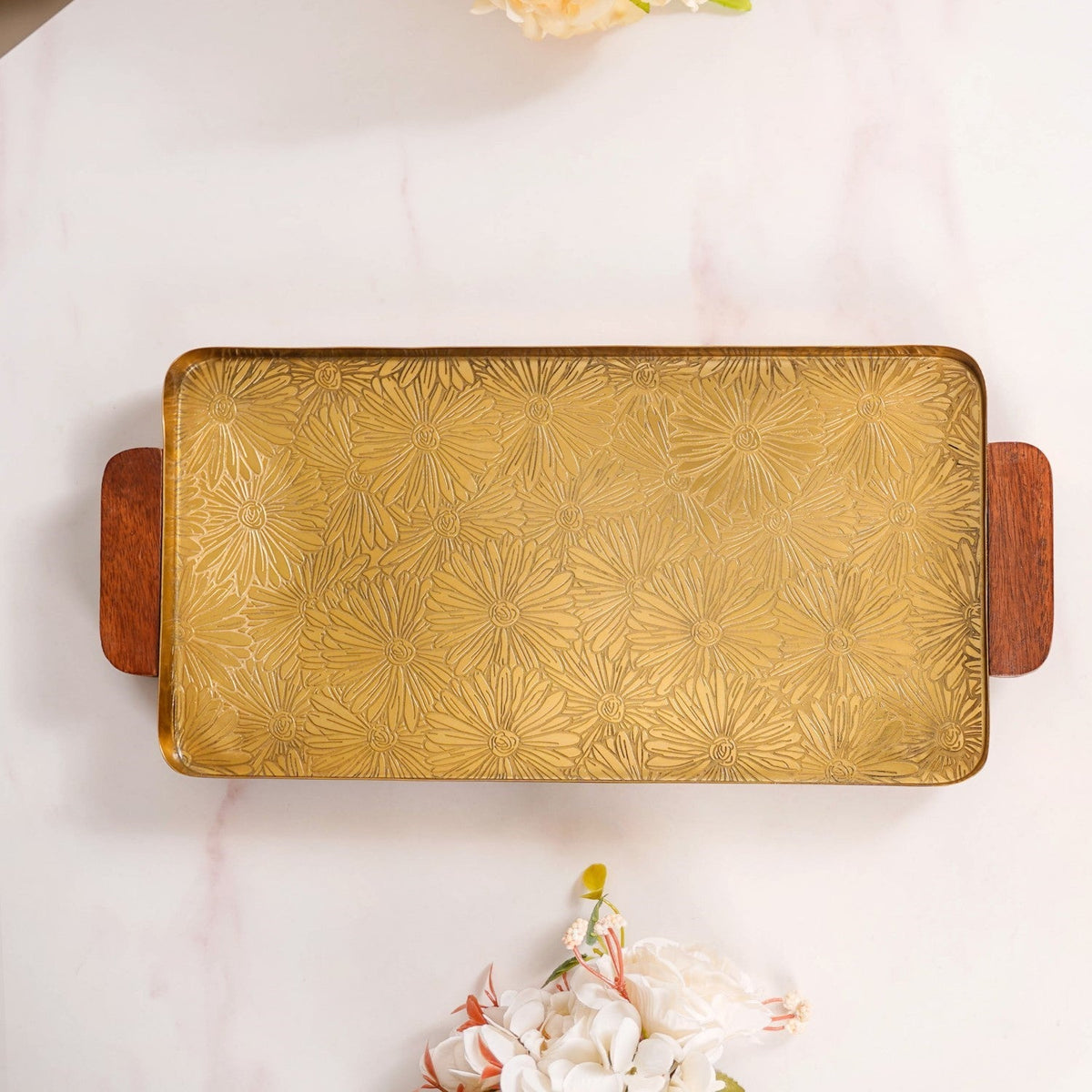 Large Daisy Embossed Metal Tray With Mango Wood Handles Nestasia