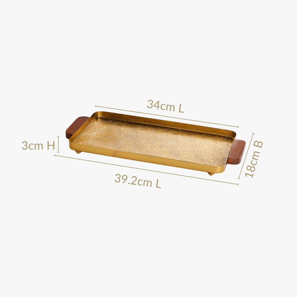 Large Daisy Embossed Metal Tray With Mango Wood Handles Nestasia