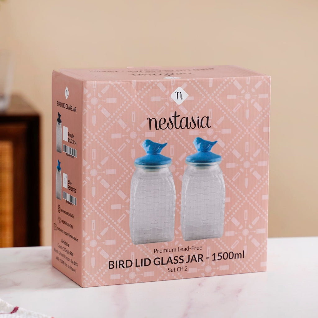 Bird Glass Jar With Blue Ceramic Lid Set Of 2 1500ml Nestasia