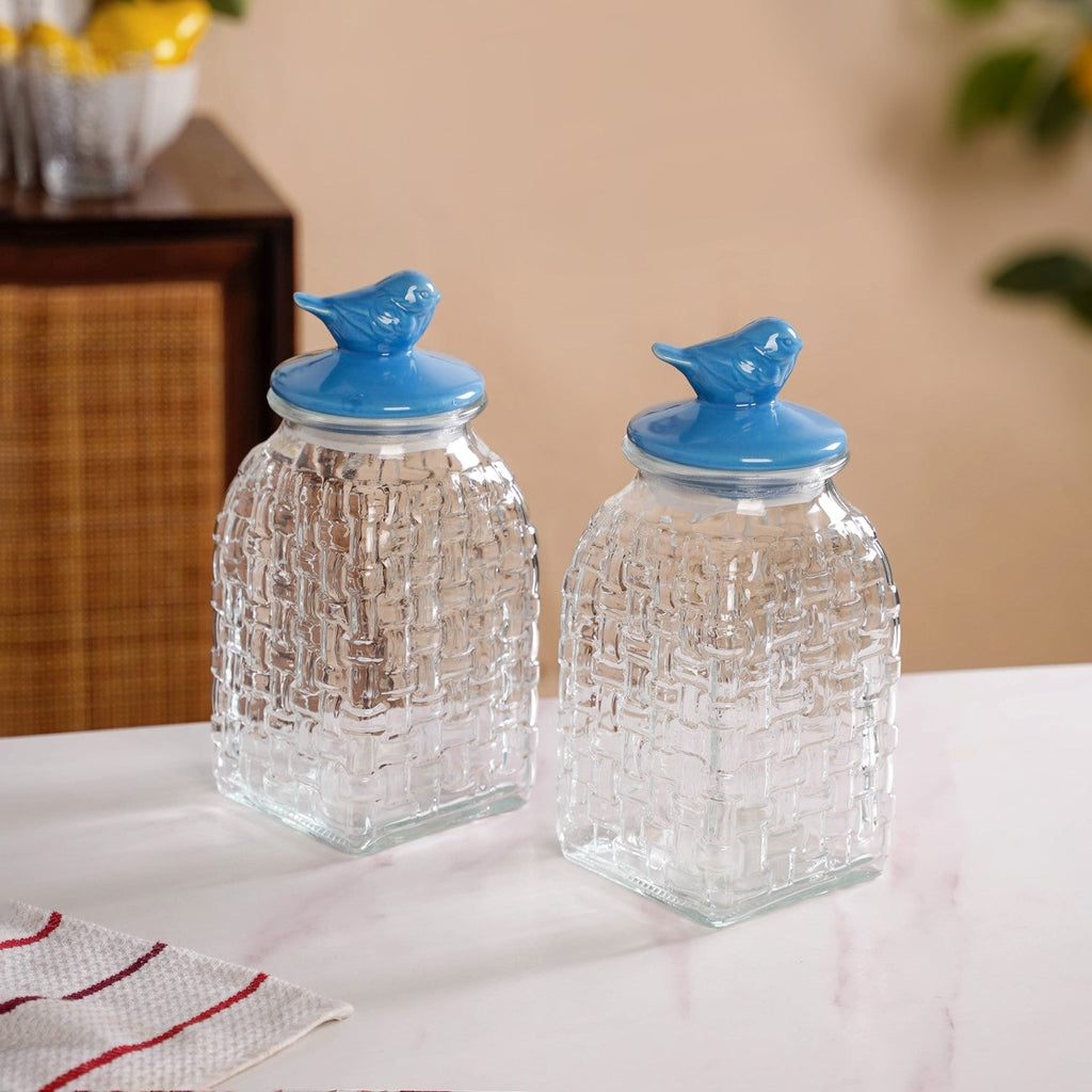 Bird Glass Jar With Blue Ceramic Lid Set Of 2 1500ml Nestasia