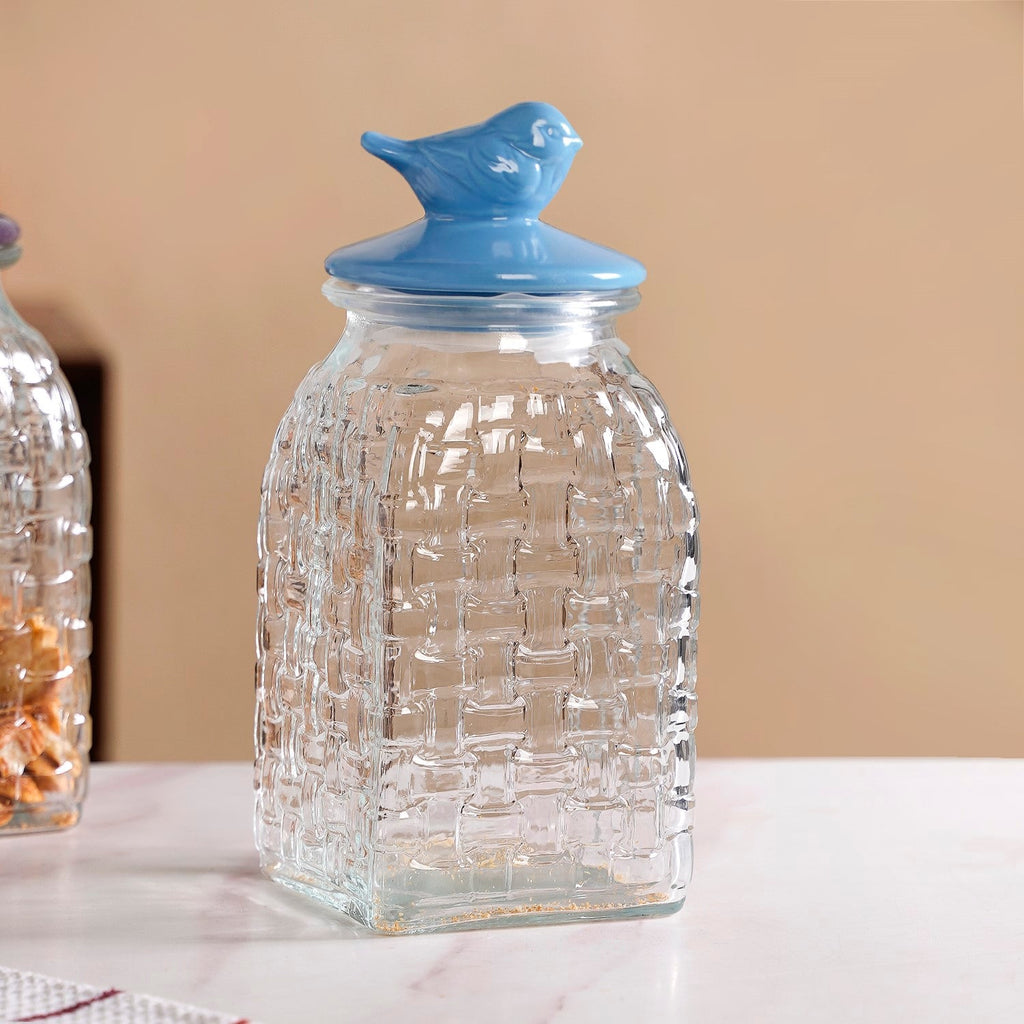 Bird Glass Jar With Blue Ceramic Lid Set Of 2 1500ml Nestasia