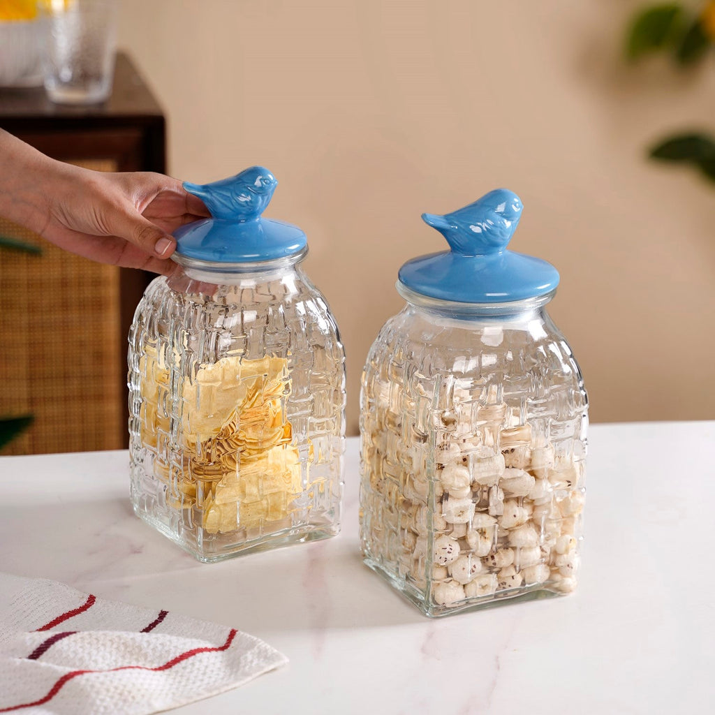 Bird Glass Jar With Blue Ceramic Lid Set Of 2 1500ml Nestasia