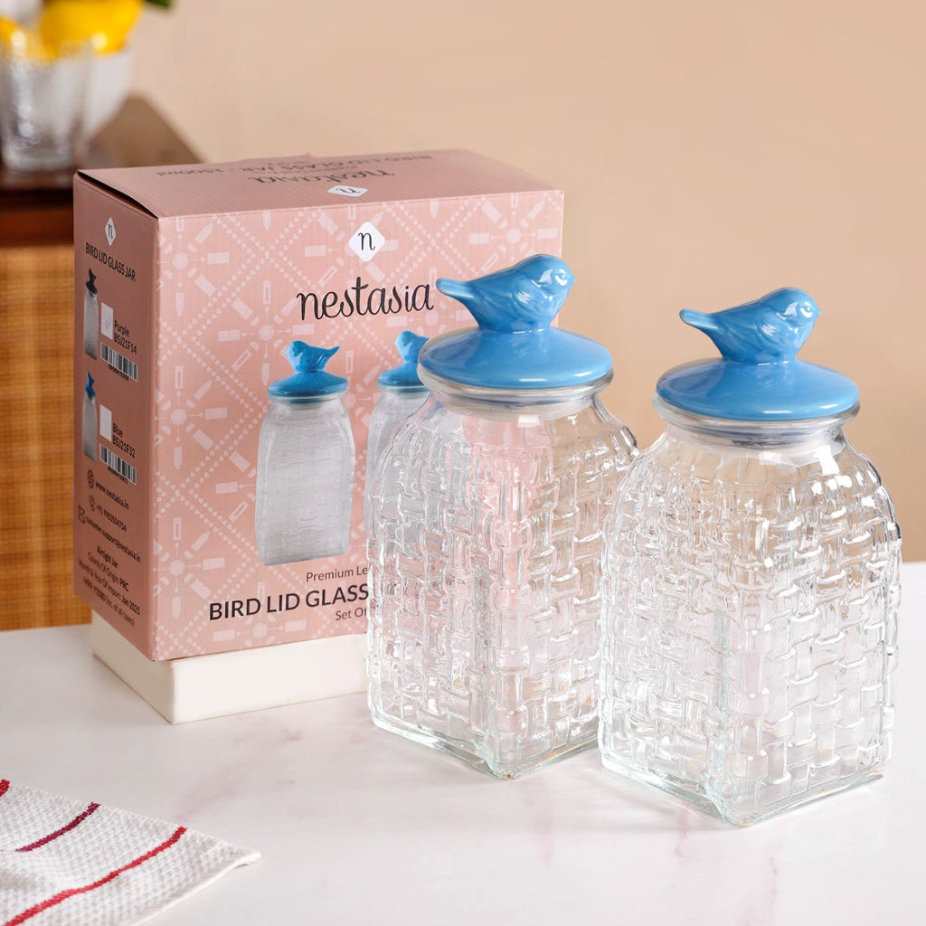 Bird Glass Jar With Blue Ceramic Lid Set Of 2 1500ml Nestasia