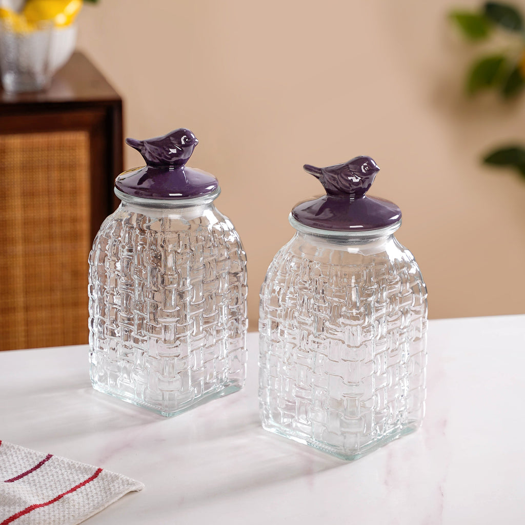 Set Of 2 Glass Storage Container with Ceramic Bird Lid 1500ml Nestasia