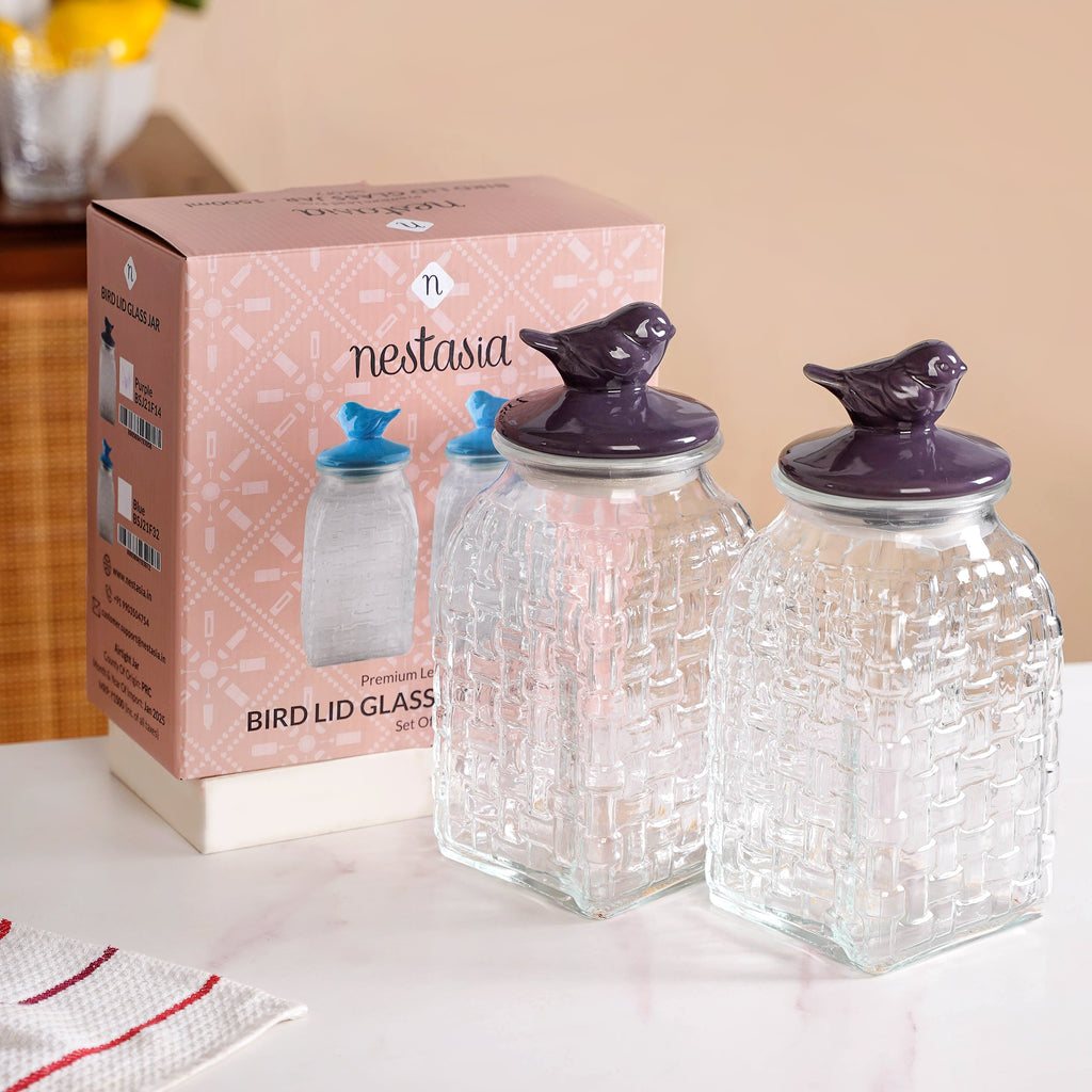 Set Of 2 Glass Storage Container with Ceramic Bird Lid 1500ml Nestasia