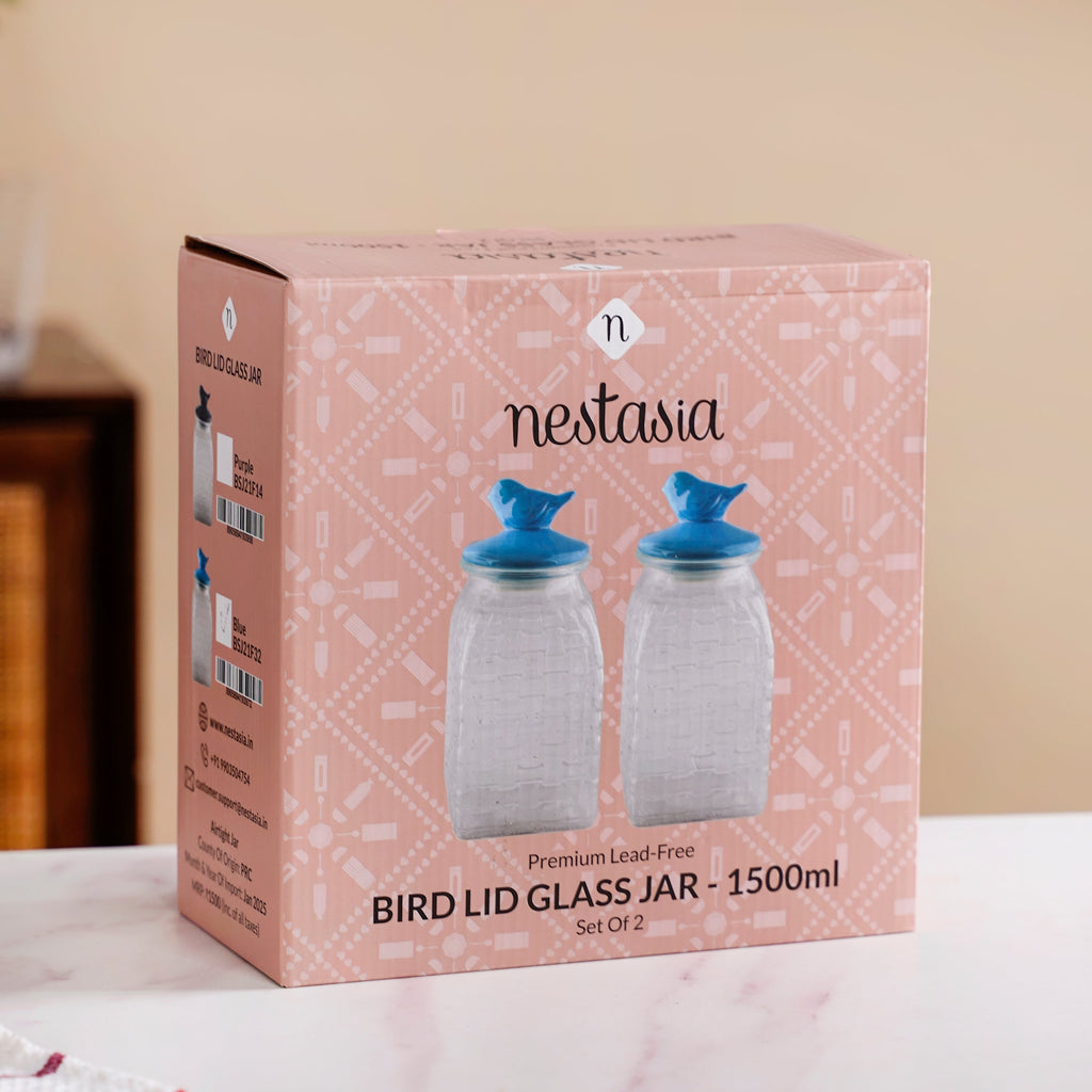 Set Of 2 Glass Storage Container with Ceramic Bird Lid 1500ml Nestasia
