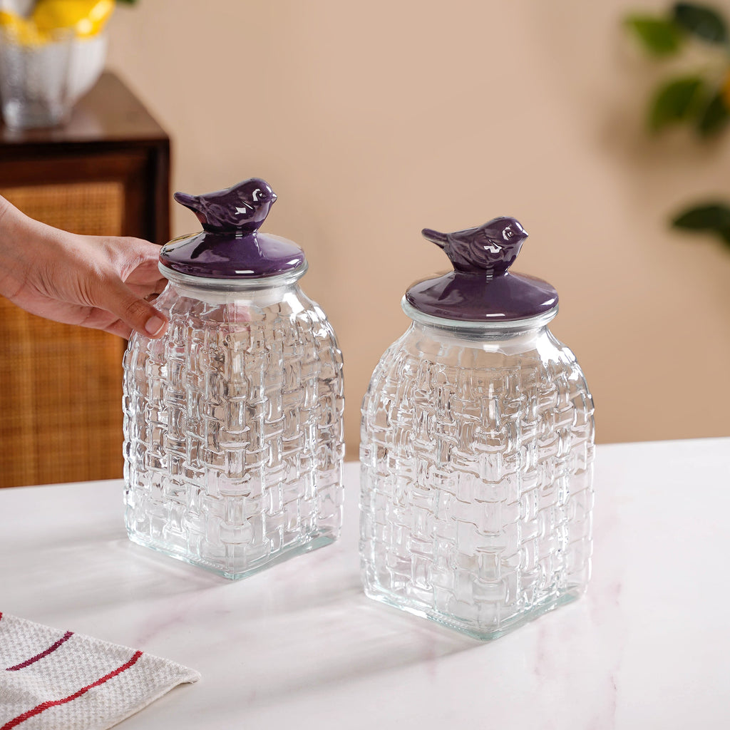 Set Of 2 Glass Storage Container with Ceramic Bird Lid 1500ml Nestasia