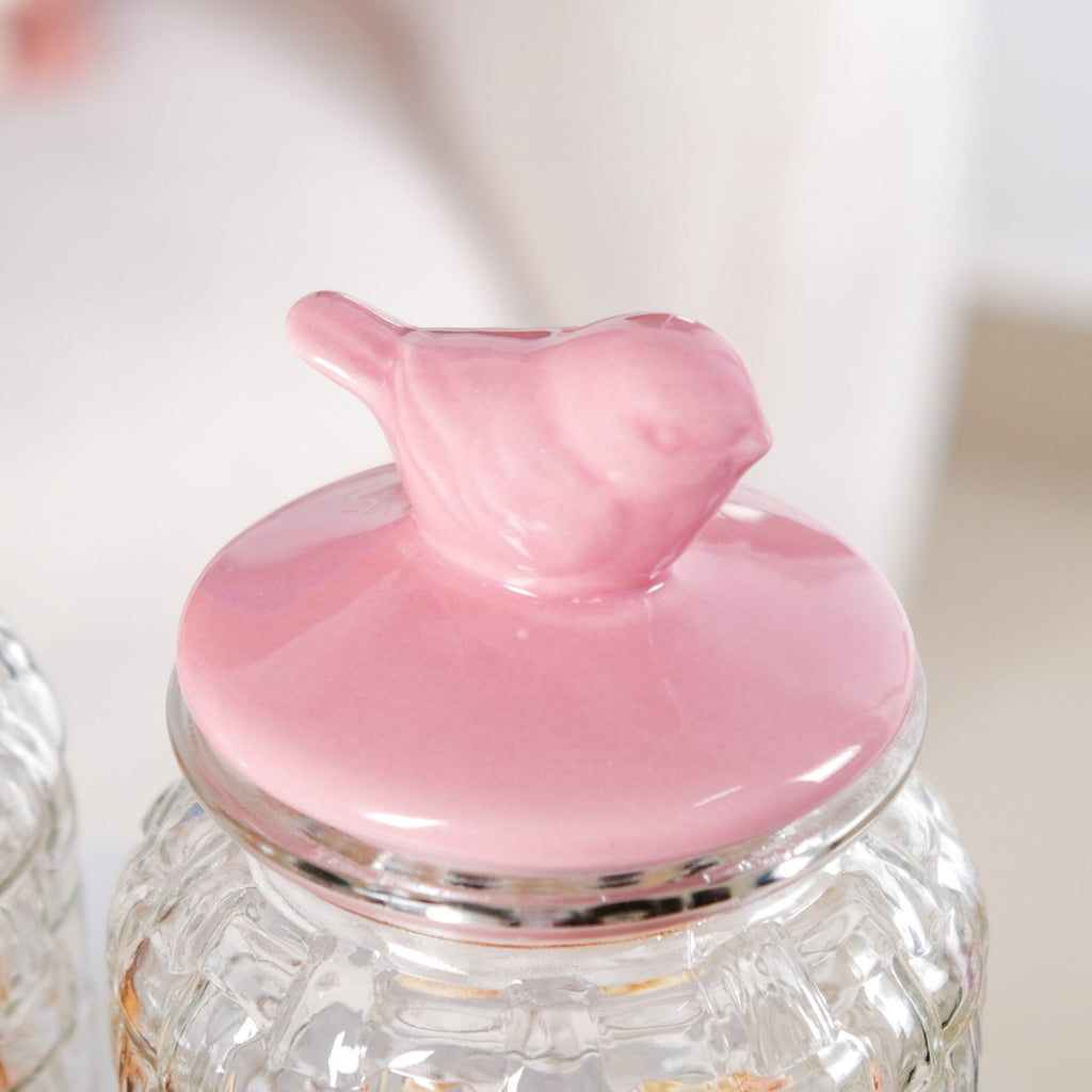Set Of 2 Pink Bird Ceramic Lid Glass Storage Jar 1000ml Nestasia