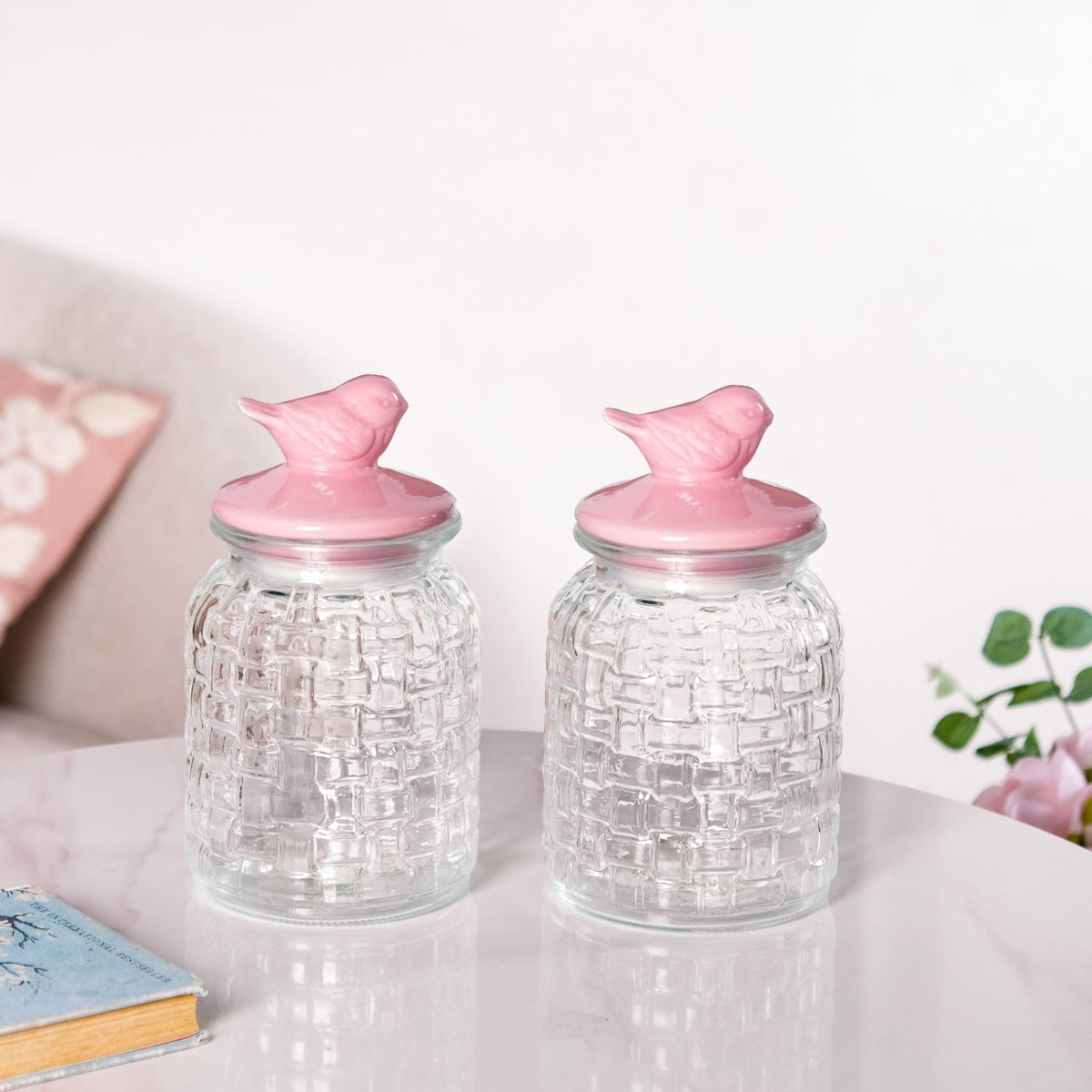 Set Of 2 Pink Bird Ceramic Lid Glass Storage Jar 1000ml Nestasia