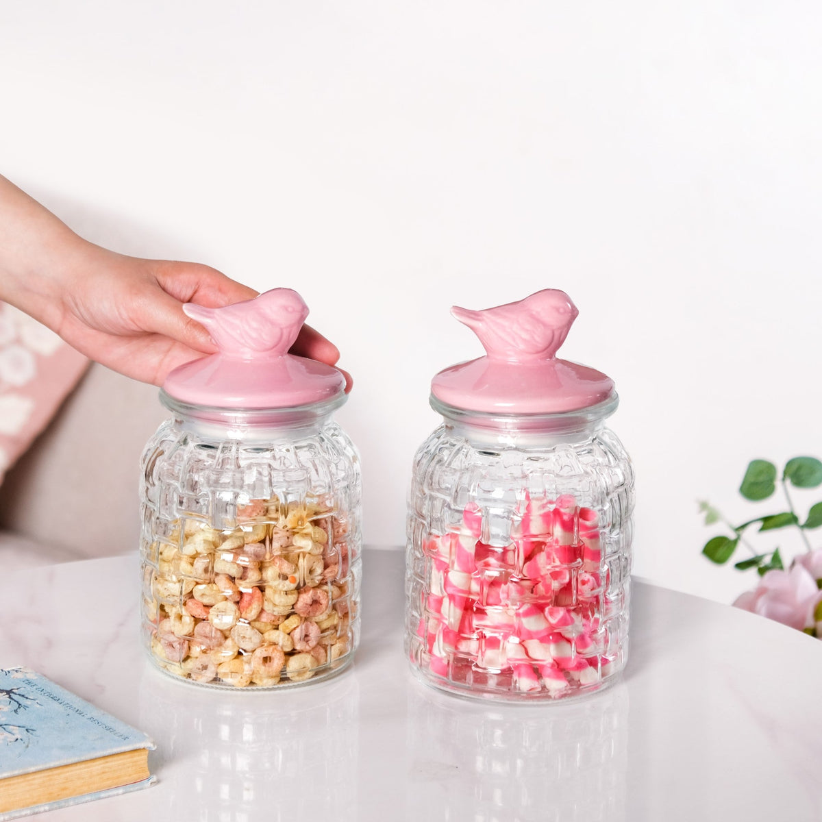 Set Of 2 Pink Bird Ceramic Lid Glass Storage Jar 1000ml Nestasia