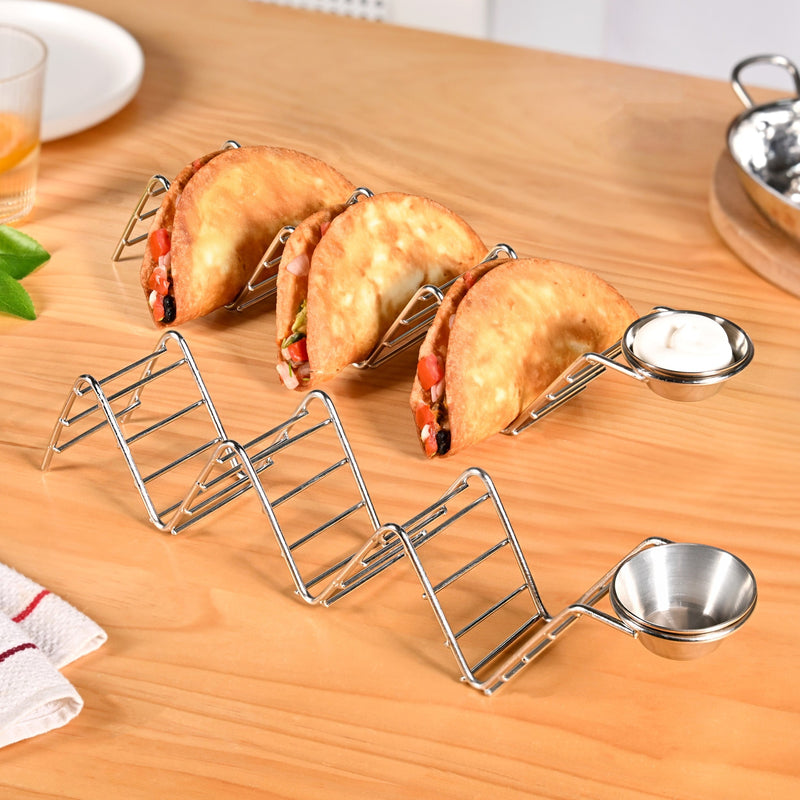 Set Of 2 Zig-Zag Stainless Steel Taco Holder With Dip Bowls Nestasia