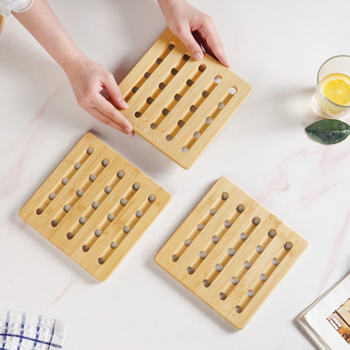 Set Of 3 Bamboo Wood Square Trivet Nestasia