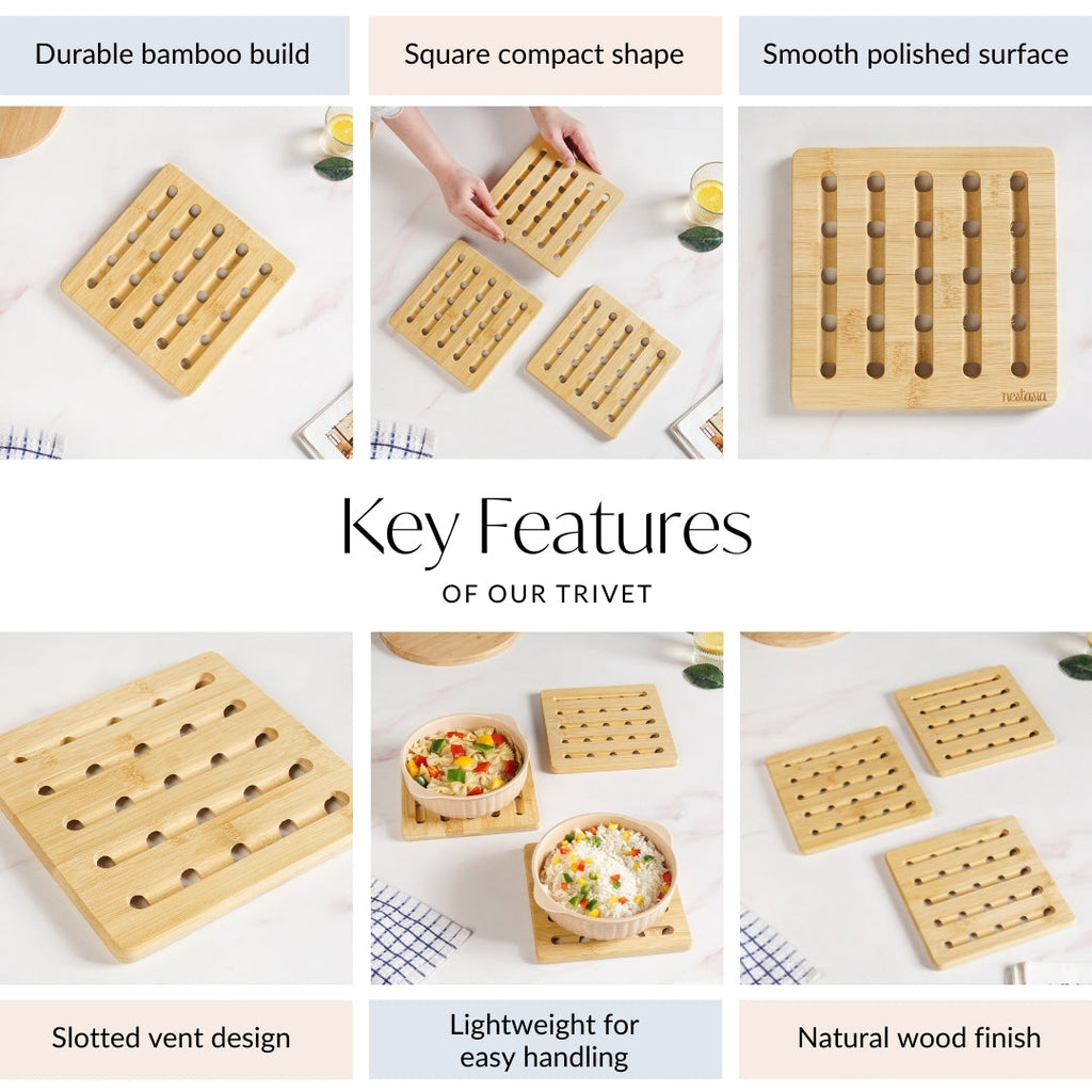 Set Of 3 Bamboo Wood Square Trivet Nestasia