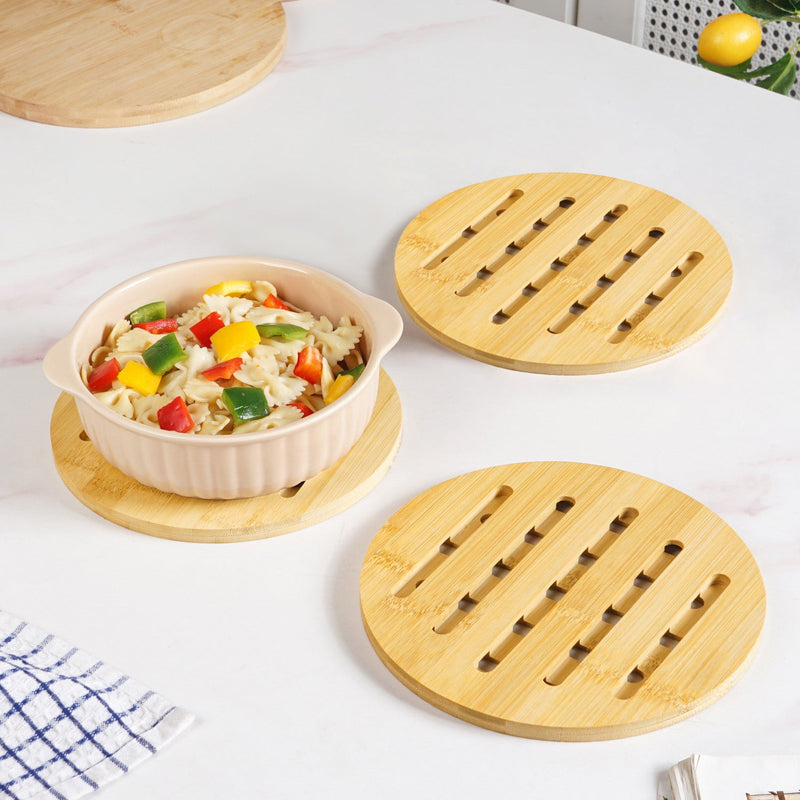Set Of 3 Round Bamboo Wood Trivet Nestasia