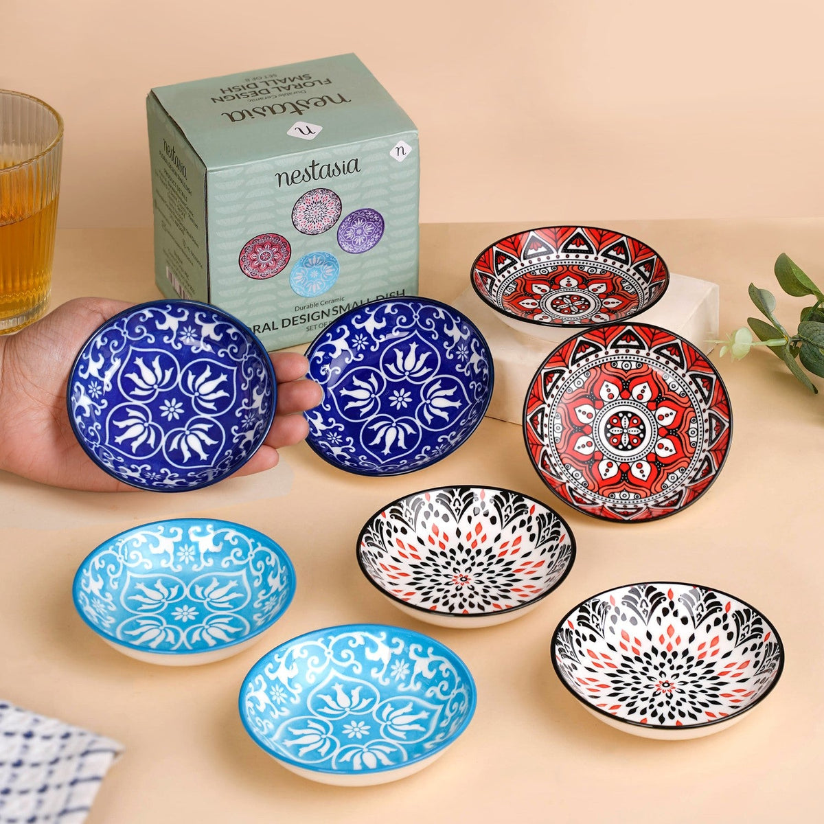 Set Of 8 Floral Mandala Small Ceramic Bowls 70ml Nestasia