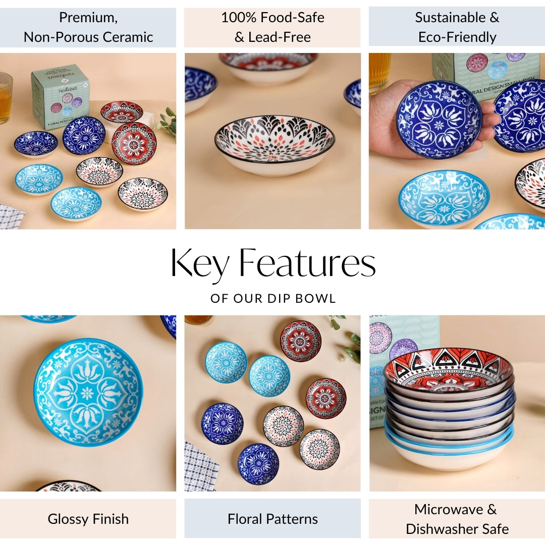 Set Of 8 Floral Mandala Small Ceramic Bowls 70ml Nestasia