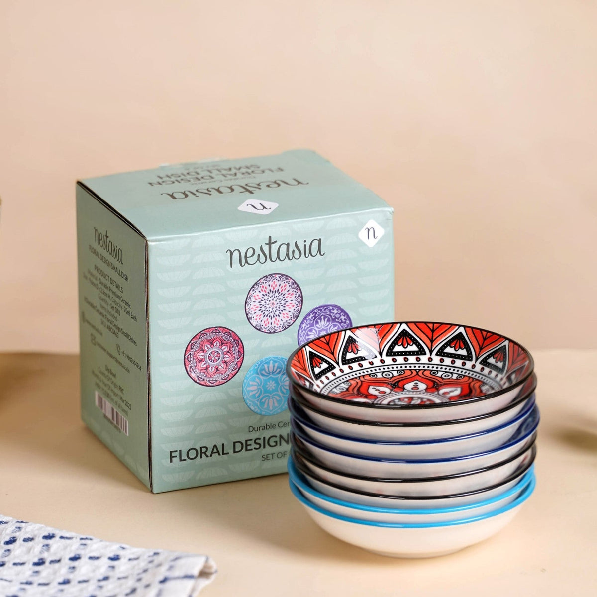 Set Of 8 Floral Mandala Small Ceramic Bowls 70ml Nestasia