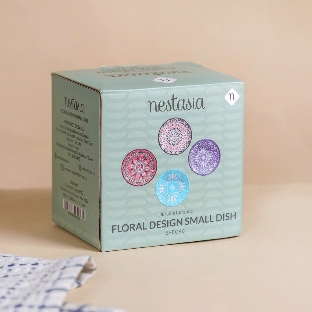 Set Of 8 Floral Mandala Small Ceramic Bowls 70ml Nestasia