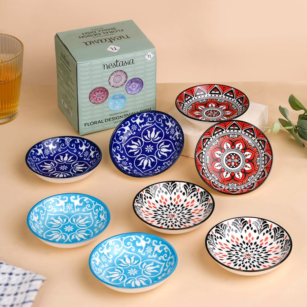 Set Of 8 Floral Mandala Small Ceramic Bowls 70ml Nestasia
