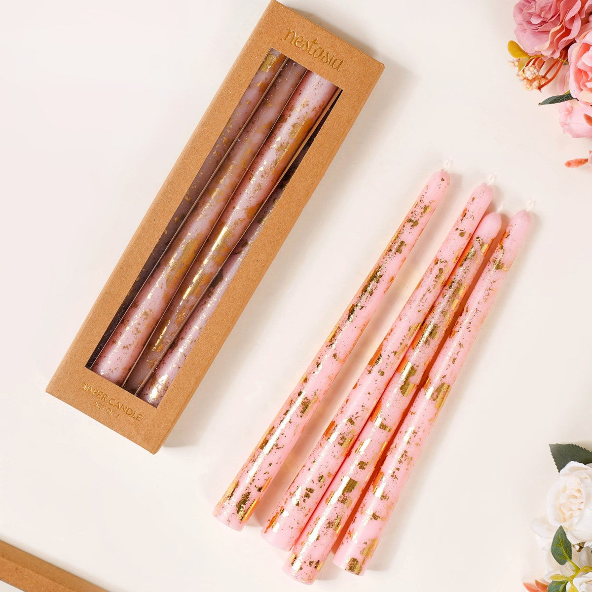 Set Of 8 Gold Glam Pink Taper Candles Nestasia