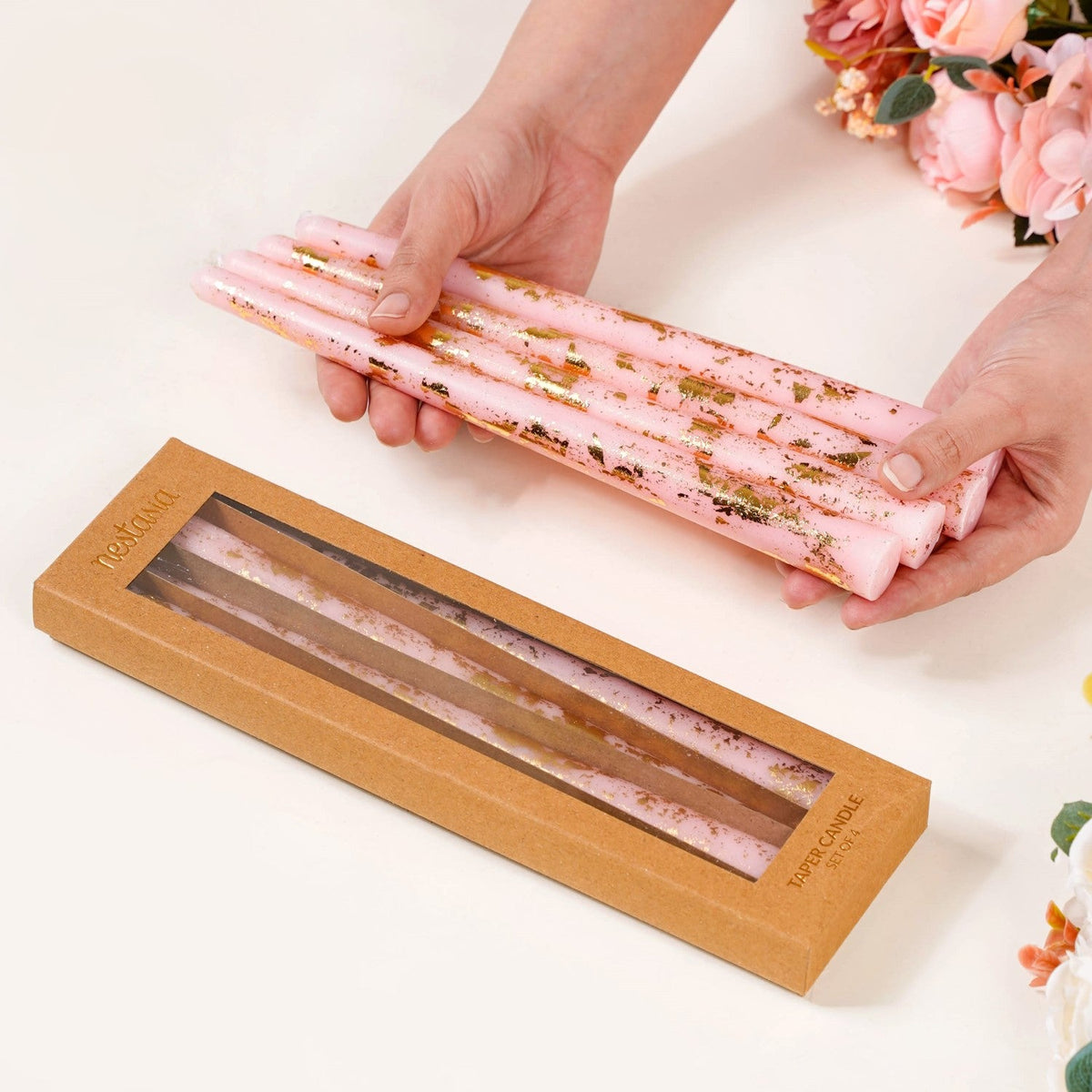 Set Of 8 Gold Glam Pink Taper Candles Nestasia