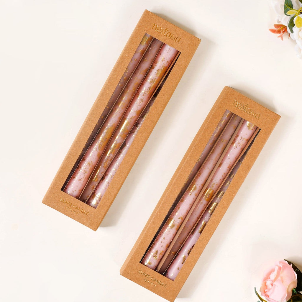 Set Of 8 Gold Glam Pink Taper Candles Nestasia