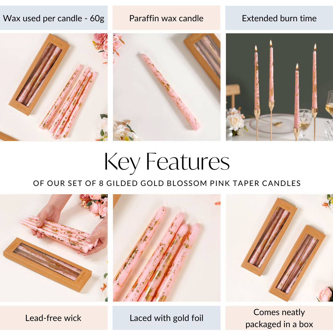 Set Of 8 Gold Glam Pink Taper Candles Nestasia