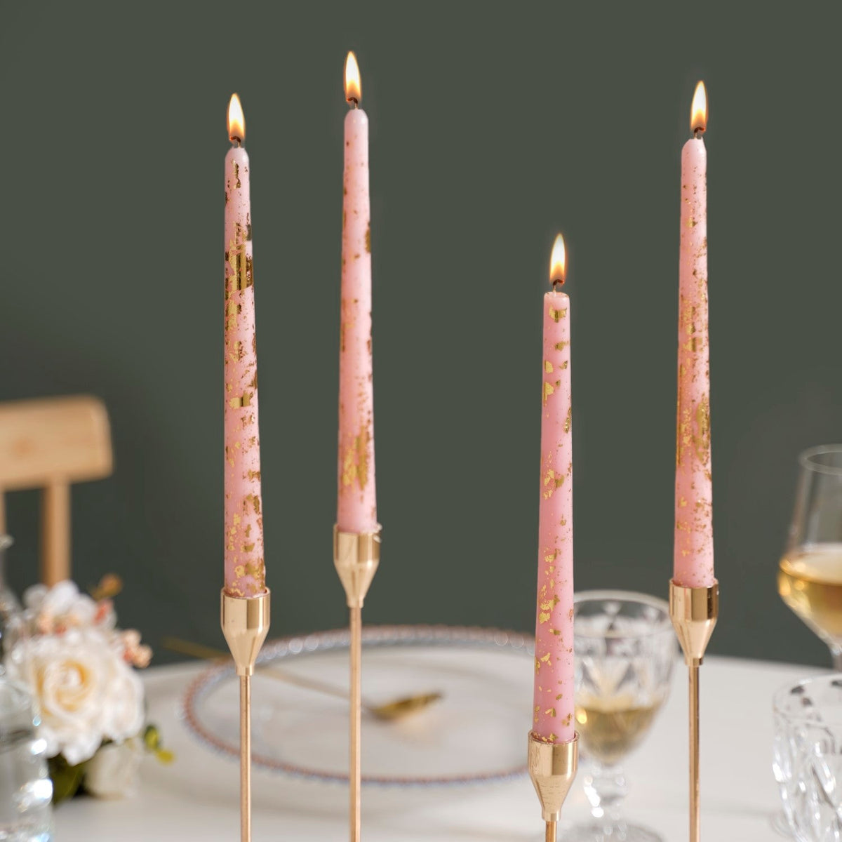 Set Of 8 Gold Glam Pink Taper Candles Nestasia