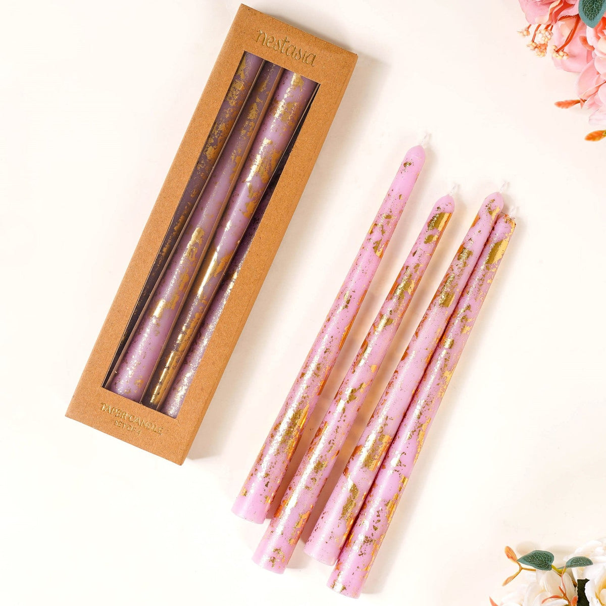 Set Of 8 Taper Candle With Gold Foil Design Lavender Nestasia