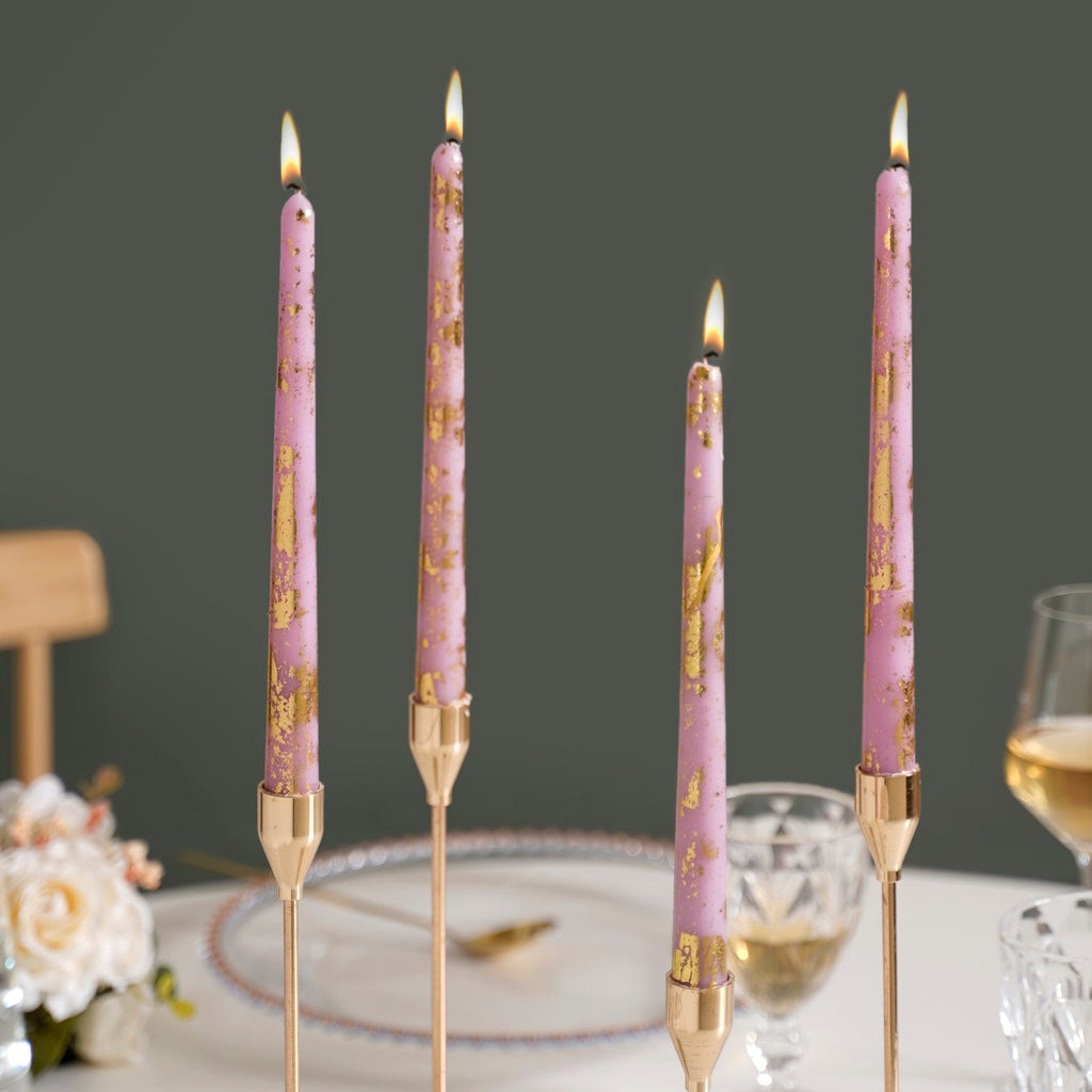 Set Of 8 Taper Candle With Gold Foil Design Lavender Nestasia