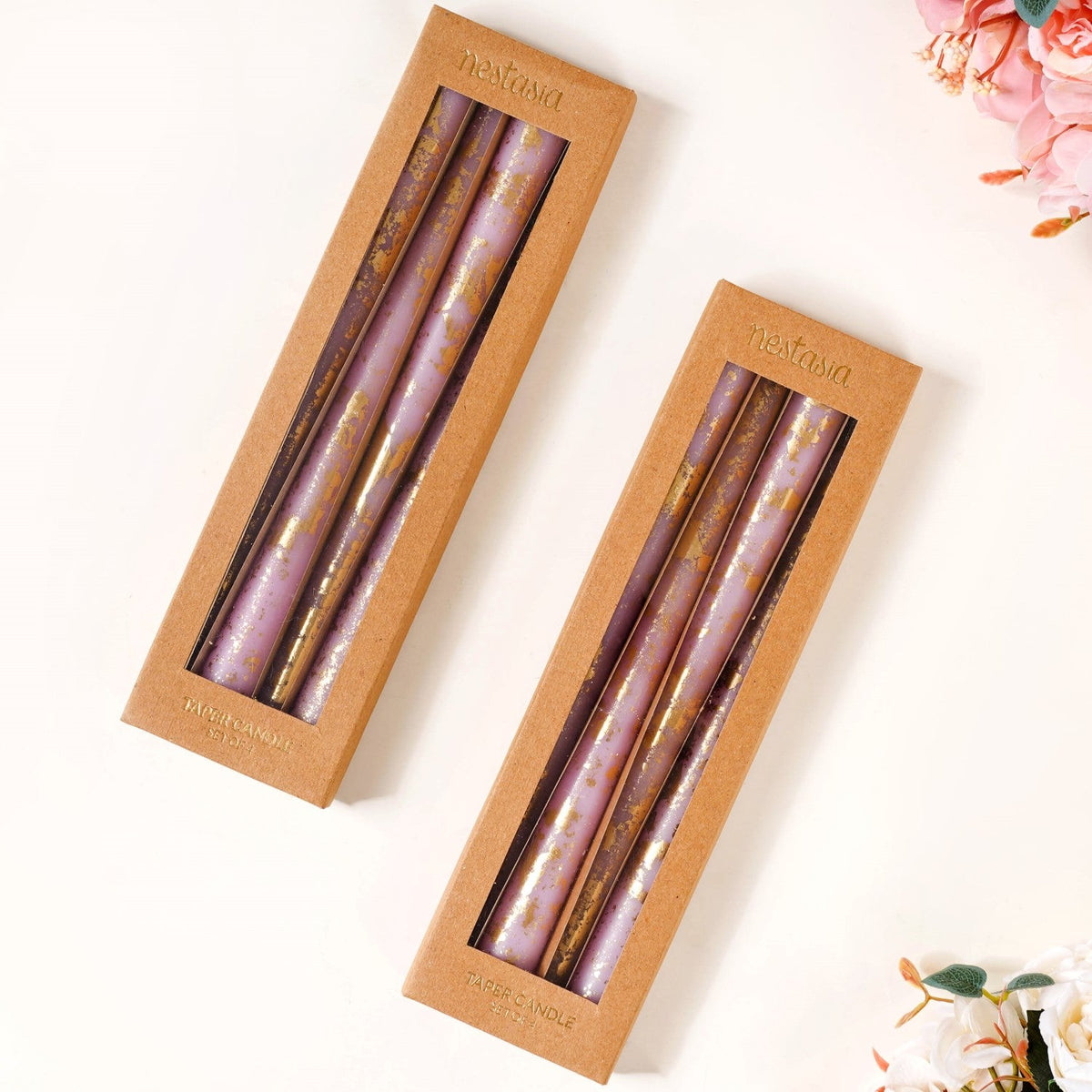 Set Of 8 Taper Candle With Gold Foil Design Lavender Nestasia