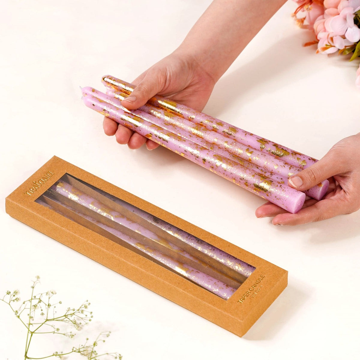 Set Of 8 Taper Candle With Gold Foil Design Lavender Nestasia