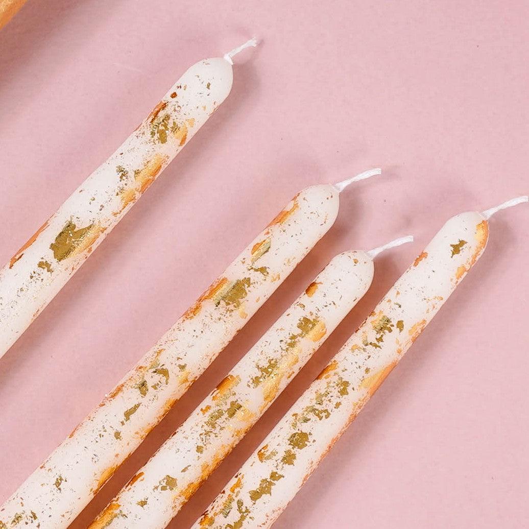 Set Of 8 Taper Candles With Gold Foil White Nestasia