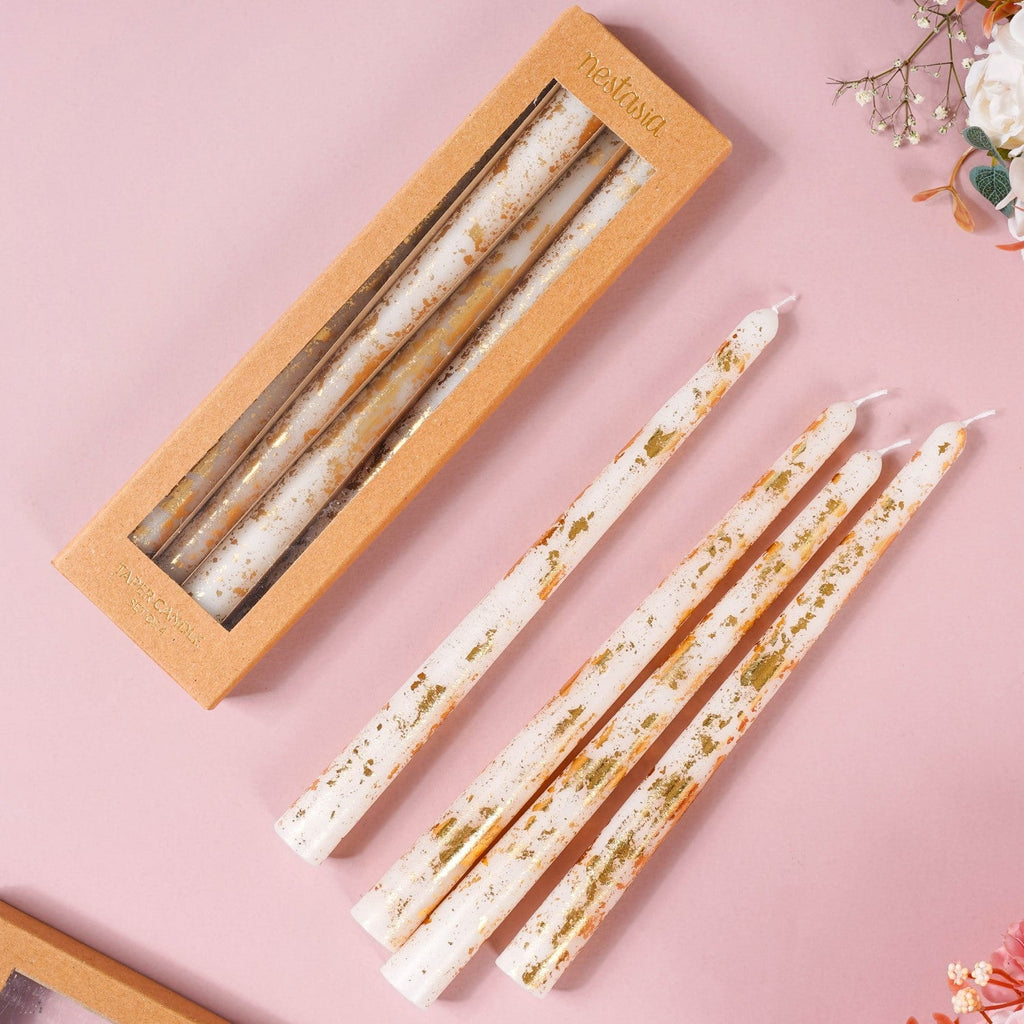 Set Of 8 Taper Candles With Gold Foil White Nestasia