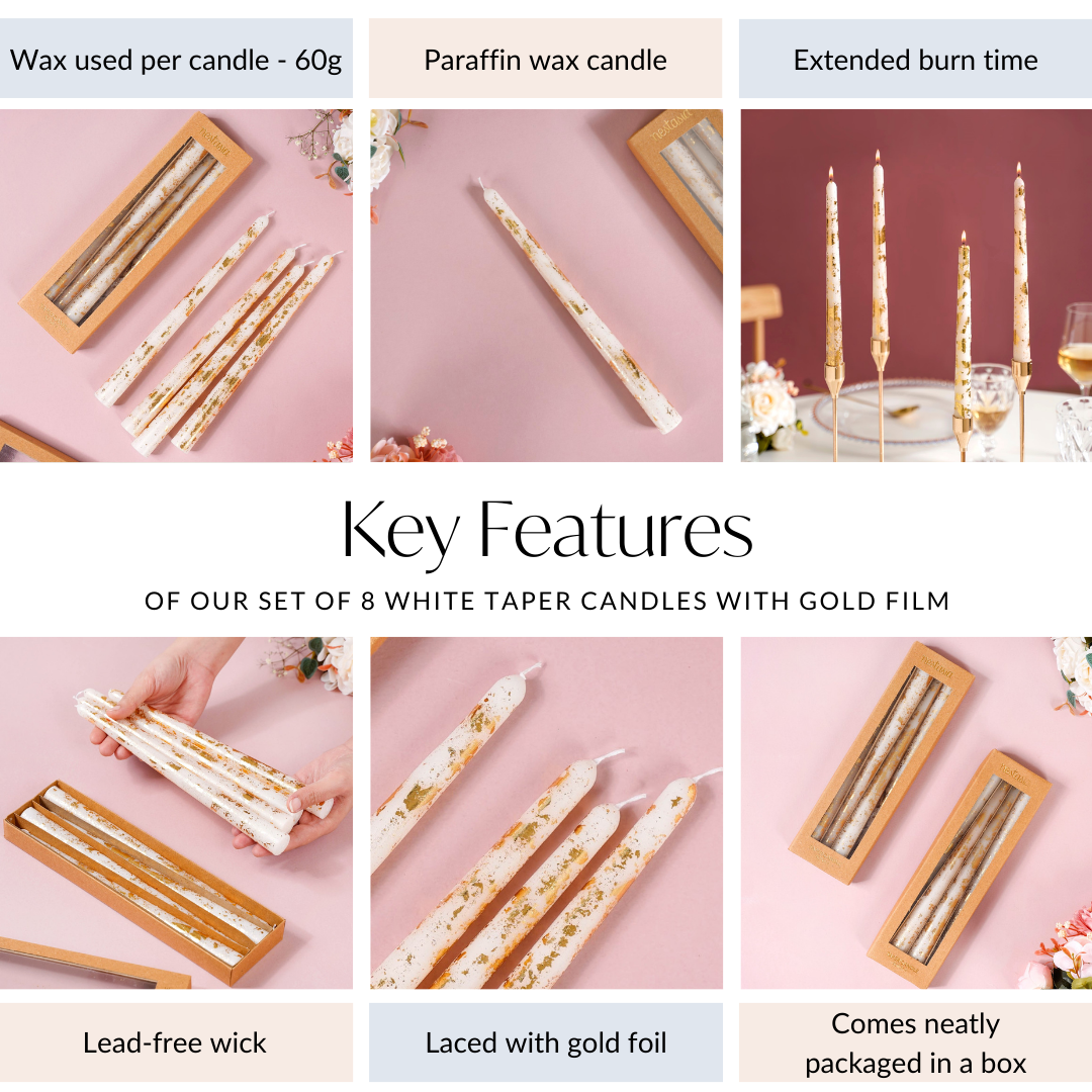 Set Of 8 Taper Candles With Gold Foil White Nestasia