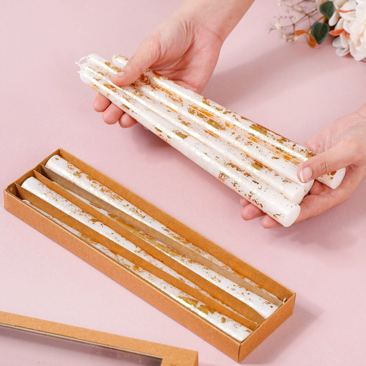 Set Of 8 Taper Candles With Gold Foil White Nestasia