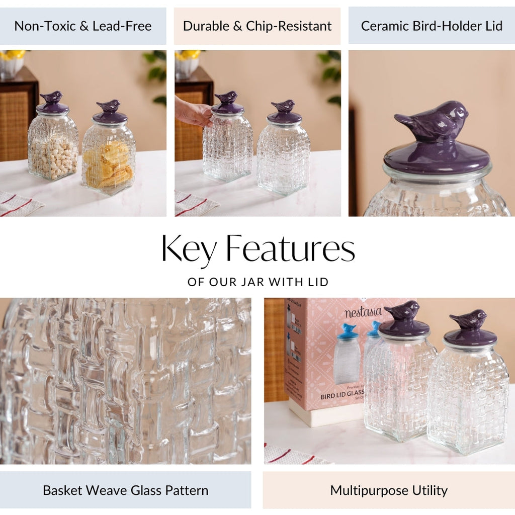 Set Of 2 Glass Storage Container with Ceramic Bird Lid 1500ml Nestasia