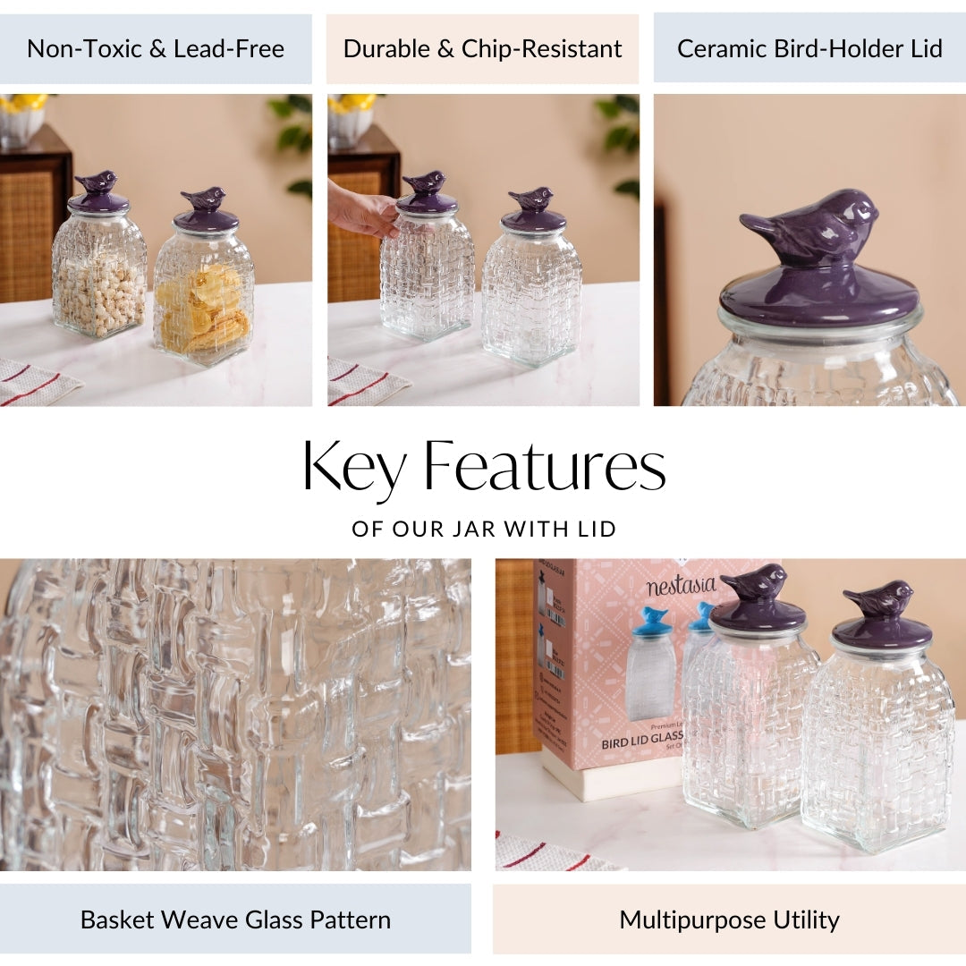 Set Of 2 Glass Storage Container with Ceramic Bird Lid 1500ml Nestasia