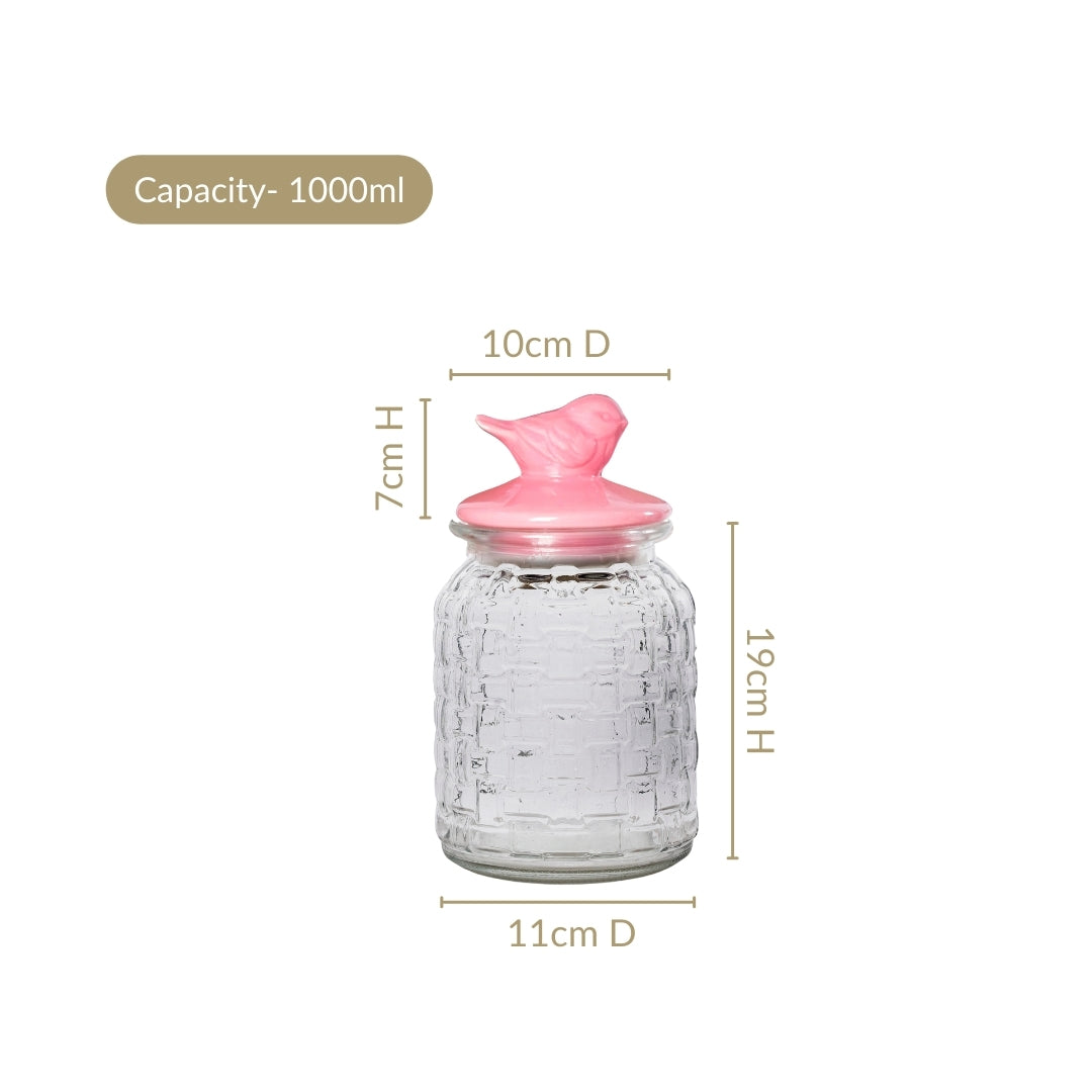 Set Of 2 Pink Bird Ceramic Lid Glass Storage Jar 1000ml Nestasia