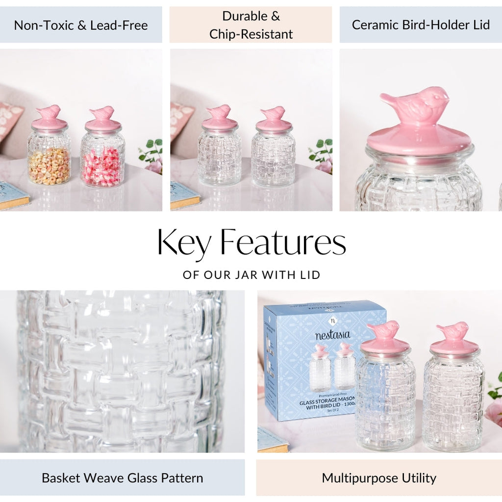 Set Of 2 Pink Bird Ceramic Lid Glass Storage Jar 1000ml Nestasia