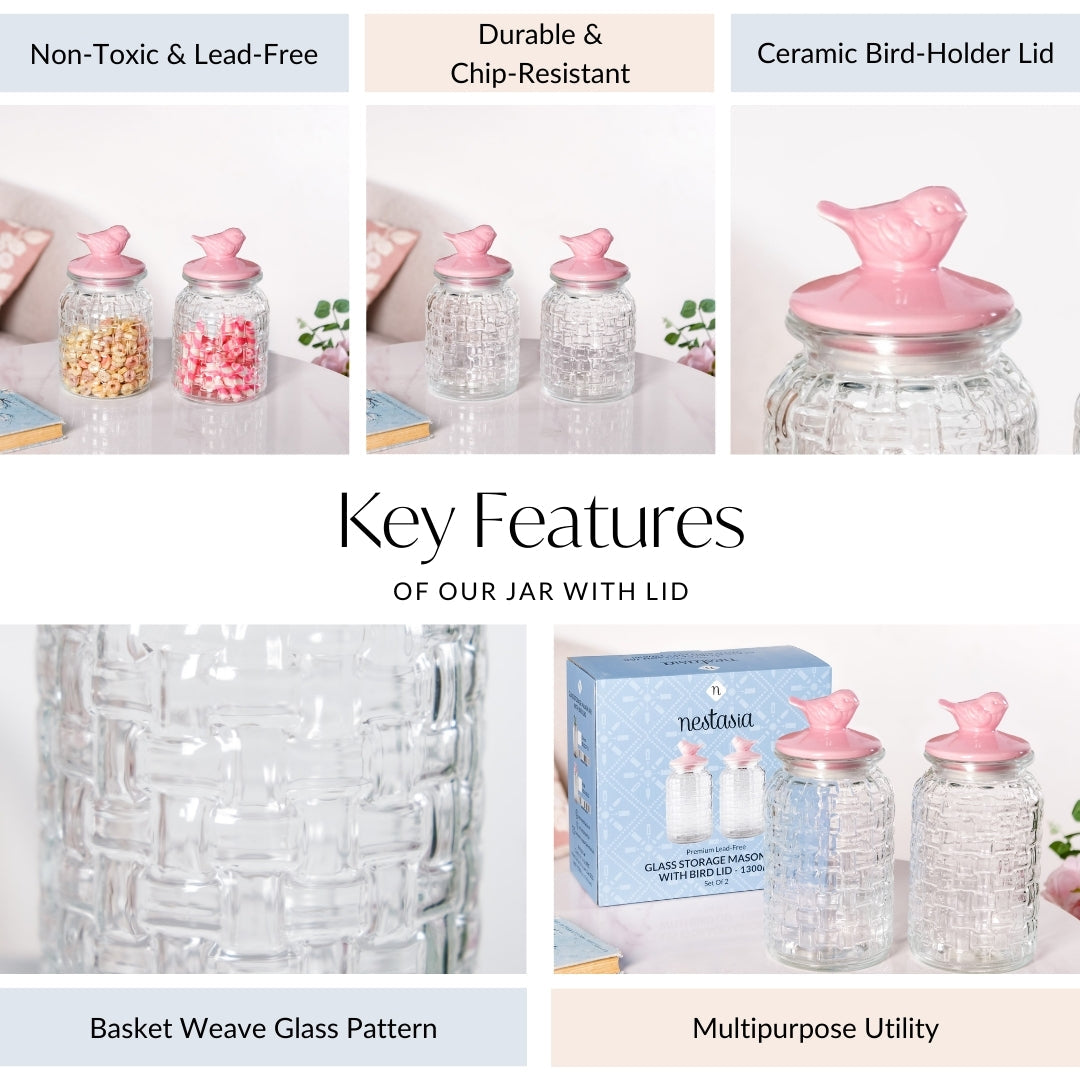 Set Of 2 Pink Bird Ceramic Lid Glass Storage Jar 1000ml Nestasia