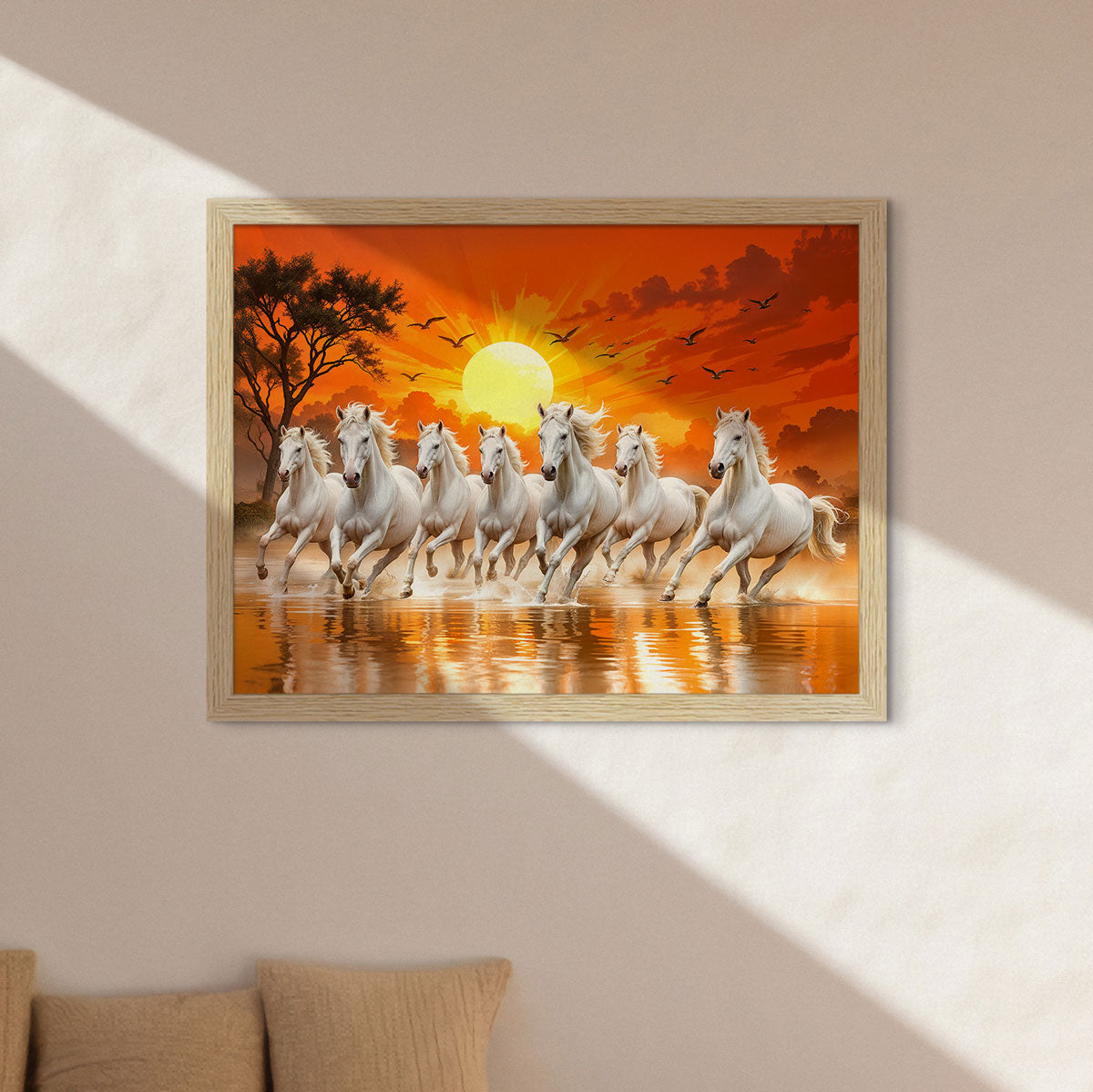 ArtX Paper 7 Horses Painting Vastu Frame Wall Art, White Running Horses On Water Painting Vastu Rising Sun Wall Decor, Multicolor, Nature, Set of 1 ArtX